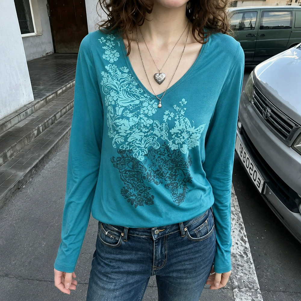 Zara Vintage Print Long Sleeve Tee Y2K Streetwear Casual Fall Top